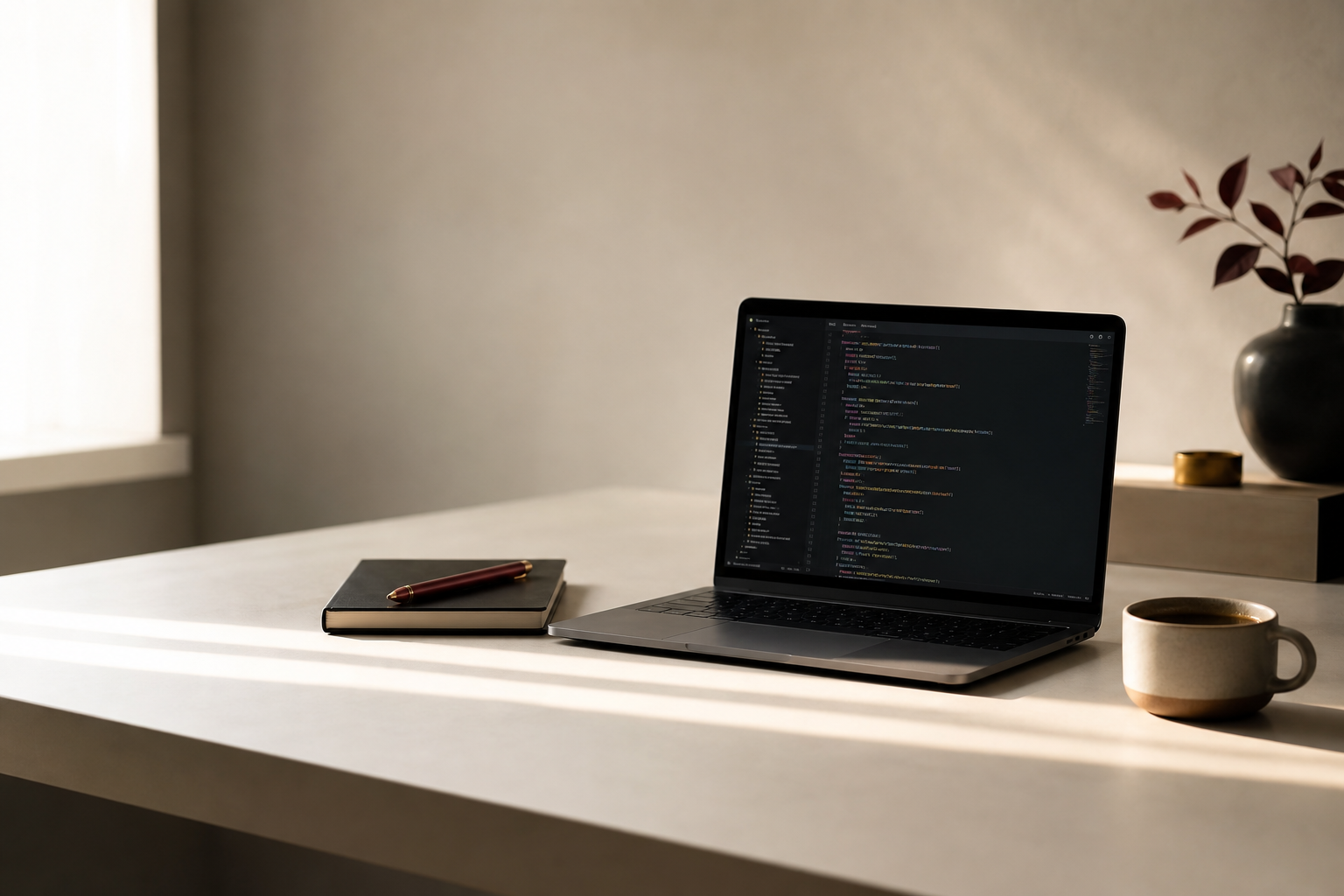 Workspace with a laptop, notebook, and coffee.